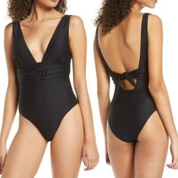 Chelsea28 Black Textured Belted One Piece Swimsuit Size Large - Picture 1 of 6